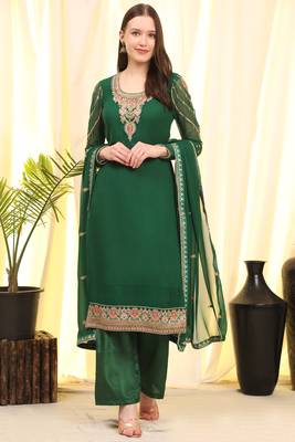 Green Embroidered Faux Georgette Salwar Free size full stitched Up To 42" Size 1