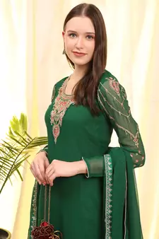 Green Embroidered Faux Georgette Salwar Free size full stitched Up To 42" Size
