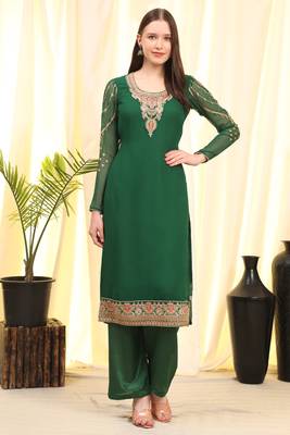 Green Embroidered Faux Georgette Salwar Free size full stitched Up To 42" Size 3