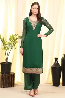 Green Embroidered Faux Georgette Salwar Free size full stitched Up To 42" Size