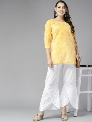 Indian Women Ethnic Motifs Hand Embroidered Yellow Cotton Lucknowi Chikankari Indian Women Short Kurti 4