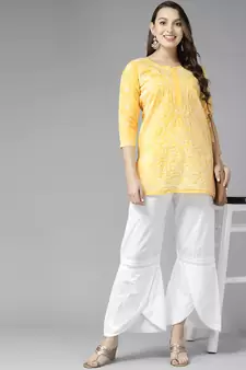 Indian Women Ethnic Motifs Hand Embroidered Yellow Cotton Lucknowi Chikankari Indian Women Short Kurti