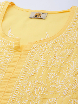 Indian Women Ethnic Motifs Hand Embroidered Yellow Cotton Lucknowi Chikankari Indian Women Short Kurti 5