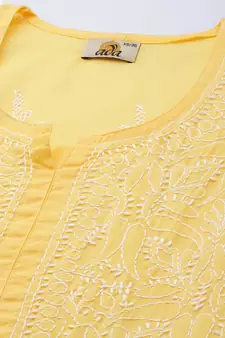 Indian Women Ethnic Motifs Hand Embroidered Yellow Cotton Lucknowi Chikankari Indian Women Short Kurti