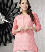 Hand Embroidered Carrot Pink Cotton Lucknowi Chikankari Indian Women Short Kurti