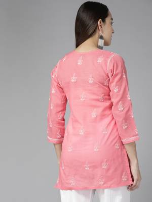Hand Embroidered Carrot Pink Cotton Lucknowi Chikankari Indian Women Short Kurti 2