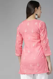 Hand Embroidered Carrot Pink Cotton Lucknowi Chikankari Indian Women Short Kurti