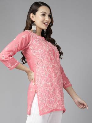 Hand Embroidered Carrot Pink Cotton Lucknowi Chikankari Indian Women Short Kurti 3