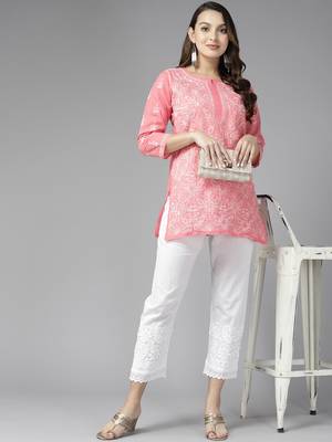 Hand Embroidered Carrot Pink Cotton Lucknowi Chikankari Indian Women Short Kurti 4