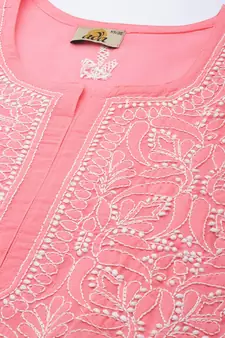 Hand Embroidered Carrot Pink Cotton Lucknowi Chikankari Indian Women Short Kurti