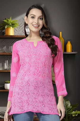 Hand Embroidered Dark Pink Georgette Lucknowi Chikankari Indian Women Short Kurti