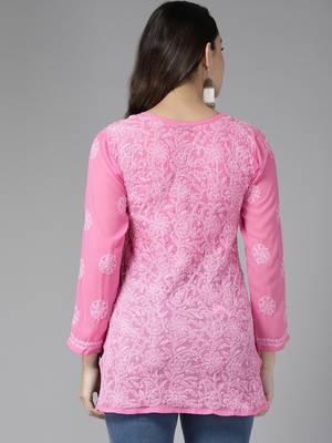Hand Embroidered Dark Pink Georgette Lucknowi Chikankari Indian Women Short Kurti 3