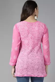 Hand Embroidered Dark Pink Georgette Lucknowi Chikankari Indian Women Short Kurti