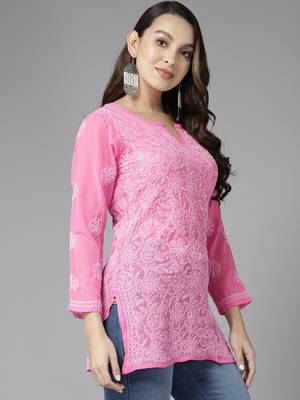 Hand Embroidered Dark Pink Georgette Lucknowi Chikankari Indian Women Short Kurti 4