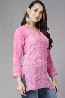 Hand Embroidered Dark Pink Georgette Lucknowi Chikankari Indian Women Short Kurti