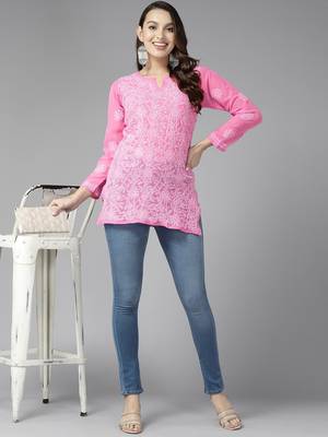 Hand Embroidered Dark Pink Georgette Lucknowi Chikankari Indian Women Short Kurti 1