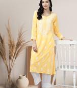 Ada Hand Embroidered Yellow Rayon Lucknowi Chikankari Indian Women Kurta - A411432