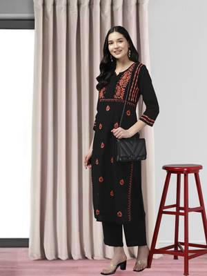 Hand Embroidered Black & Rust Cotton Lucknowi Chikankari Indian Women Kurta 1