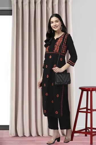 Hand Embroidered Black & Rust Cotton Lucknowi Chikankari Indian Women Kurta