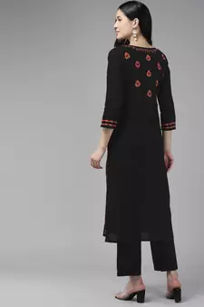 Hand Embroidered Black & Rust Cotton Lucknowi Chikankari Indian Women Kurta