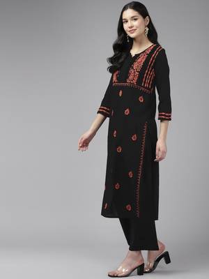 Hand Embroidered Black & Rust Cotton Lucknowi Chikankari Indian Women Kurta 3