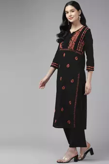 Hand Embroidered Black & Rust Cotton Lucknowi Chikankari Indian Women Kurta