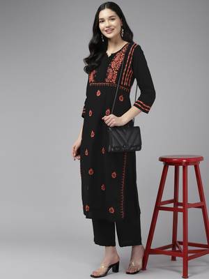 Hand Embroidered Black & Rust Cotton Lucknowi Chikankari Indian Women Kurta 4