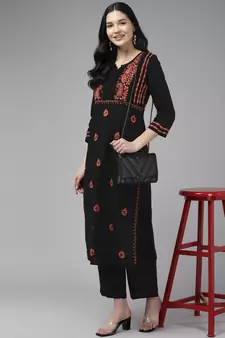 Hand Embroidered Black & Rust Cotton Lucknowi Chikankari Indian Women Kurta
