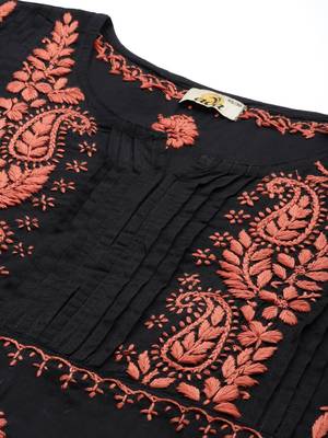 Hand Embroidered Black & Rust Cotton Lucknowi Chikankari Indian Women Kurta 5