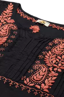 Hand Embroidered Black & Rust Cotton Lucknowi Chikankari Indian Women Kurta