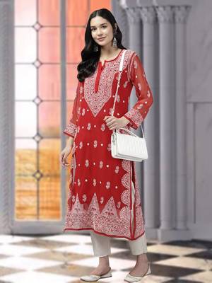 Ada Hand Embroidered Red Georgette Lucknowi Chikankari Indian Women Kurta With Slip - A411425 1