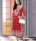 Ada Hand Embroidered Red Georgette Lucknowi Chikankari Indian Women Kurta With Slip - A411425