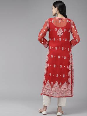 Ada Hand Embroidered Red Georgette Lucknowi Chikankari Indian Women Kurta With Slip - A411425 2