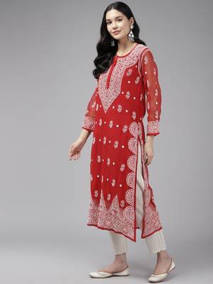 Ada Hand Embroidered Red Georgette Lucknowi Chikankari Indian Women Kurta With Slip - A411425 3