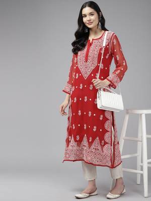 Ada Hand Embroidered Red Georgette Lucknowi Chikankari Indian Women Kurta With Slip - A411425 4