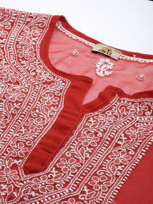 Ada Hand Embroidered Red Georgette Lucknowi Chikankari Indian Women Kurta With Slip - A411425 5
