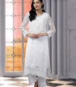 Hand Embroidered White Georgette Lucknowi Chikankari Indian Women Kurta With Slip
