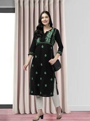 Hand Embroidered Black & Green Cotton Lucknowi Chikankari Indian Women Kurta 1
