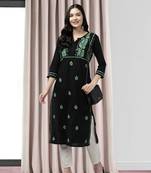 Hand Embroidered Black & Green Cotton Lucknowi Chikankari Indian Women Kurta