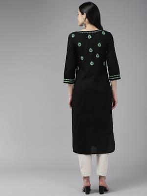 Hand Embroidered Black & Green Cotton Lucknowi Chikankari Indian Women Kurta 2