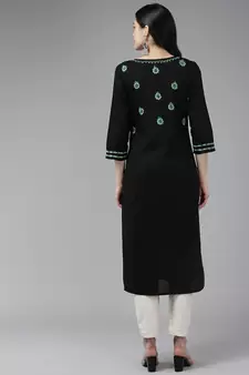 Hand Embroidered Black & Green Cotton Lucknowi Chikankari Indian Women Kurta