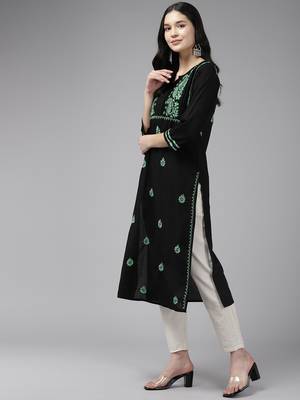 Hand Embroidered Black & Green Cotton Lucknowi Chikankari Indian Women Kurta 3