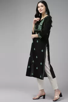 Hand Embroidered Black & Green Cotton Lucknowi Chikankari Indian Women Kurta