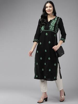 Hand Embroidered Black & Green Cotton Lucknowi Chikankari Indian Women Kurta 4