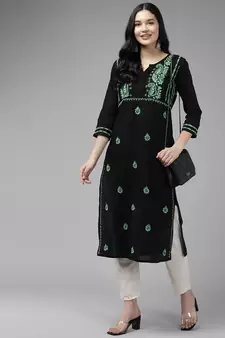 Hand Embroidered Black & Green Cotton Lucknowi Chikankari Indian Women Kurta
