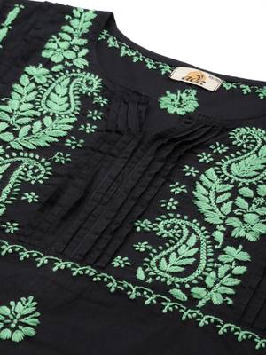 Hand Embroidered Black & Green Cotton Lucknowi Chikankari Indian Women Kurta 5