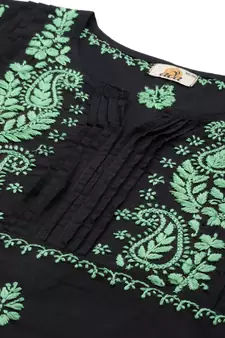 Hand Embroidered Black & Green Cotton Lucknowi Chikankari Indian Women Kurta