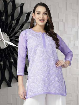 Hand Embroidered Mauve Cotton Lucknowi Chikankari Indian Women Straight Short Kurti 1