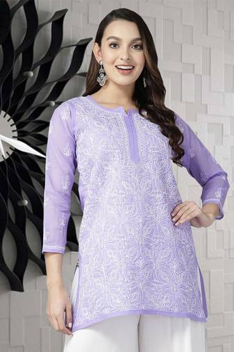 Hand Embroidered Mauve Cotton Lucknowi Chikankari Indian Women Straight Short Kurti