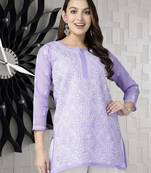 Hand Embroidered Mauve Cotton Lucknowi Chikankari Indian Women Straight Short Kurti